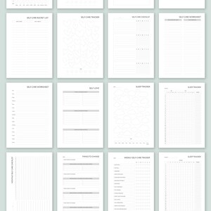 May include: A set of printable self-care planner pages. The pages include mood trackers, self-care checklists, worksheets, and sleep trackers. The pages are designed to help you track your mood, habits, and progress towards your self-care goals.