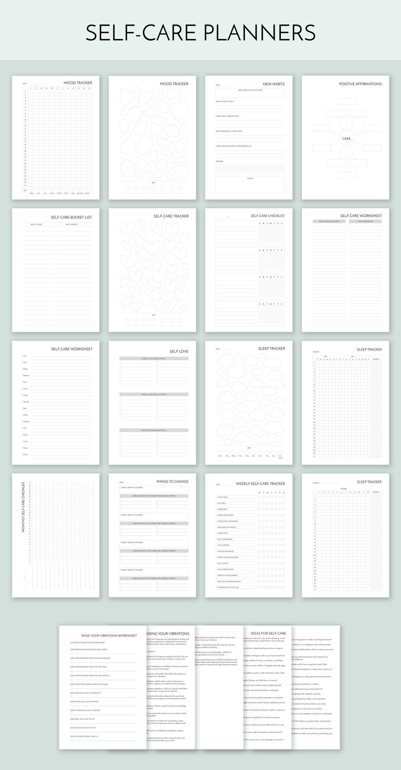 May include: A set of printable self-care planner pages. The pages include mood trackers, self-care checklists, worksheets, and sleep trackers. The pages are designed to help you track your mood, habits, and progress towards your self-care goals.