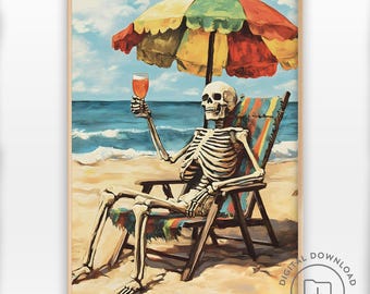 May include: A framed print depicts a skeleton relaxing on a beach chair under a colorful umbrella, holding a drink. The artwork features a sunny beach scene with blue ocean waves and a bright sky. The skeleton is enjoying a beverage, creating a humorous contrast.