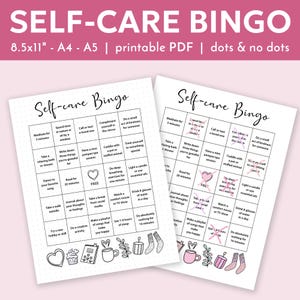 May include: Two printable bingo cards with a pink and black design. The cards are titled "Self-care Bingo" and feature squares with self-care activities such as "Meditate for 5 minutes", "Take a relaxing bath or shower", "Dance to your favorite song", "Read for 20 minutes", "Journal about your thoughts or feelings", "Take a break from social media", "Watch a comfort movie or TV show", "Drink 8 glasses of water in a day", "Make a playlist of songs that make you happy", "Get 7-9 hours of sleep", "Do absolutely nothing for 10 minutes", "Cuddle with a pet or stuffed animal", "Do deep breathing exercises for one minute", "Light a candle or use essential oils", "Try a new hobby or skill", "Do a creative activity", "Take a walk outside", "Compliment yourself in the mirror", "Do a small act of kindness for someone", "Treat yourself to something special", "Send a letter or a card", "Call or text a loved one", "Have a mini pampering/spa session".