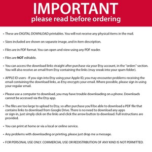 May include: A red and white text box with the word "IMPORTANT" in large, bold, white letters. The text below reads "Please read before ordering". The text box contains a list of instructions for digital downloads, including information about file format, download links, and printing.
