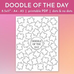 以下が含まれることがあります： 点線の背景と中央に「Doodle of the Day」というテキストが入った円がある、印刷可能な落書きページ。ページは落書き用のパズルピースの形でいっぱいです。