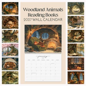 Calendario de pared 2027 con animales del bosque leyendo libros. 12 meses. Estilo acogedor cottagecore. Biblioteca forestal. Regalo ideal para amantes de los libros y la lectura.