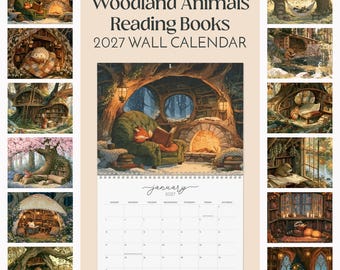 2027 Wall Calendar Woodland Animals Reading Books 12 Month Cozy Cottagecore Forest Library Bookish Art Book Lover Gift