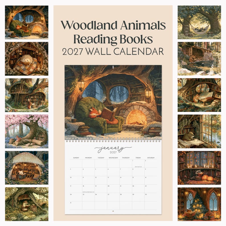 2027 wall calendar featuring cute woodland animals reading books, twelve
illustrated forest library scenes with fox, hedgehog, rabbit, squirrel, otter and
raccoon in hollow-tree bookshops and mushroom libraries, cozy cottagecore
storybook art, 12 month hanging calendar printed and shipped, book lover gift for
readers librarians and teachers, reading nook and home office decor