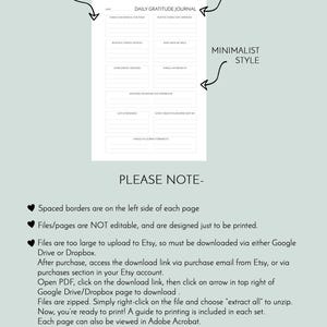 May include: A printable daily gratitude journal with a minimalist style. The journal has a page heading on the right side, spaced borders on the left side, and room for punch holes. The text "DAILY GRATITUDE JOURNAL" is at the top of the page.