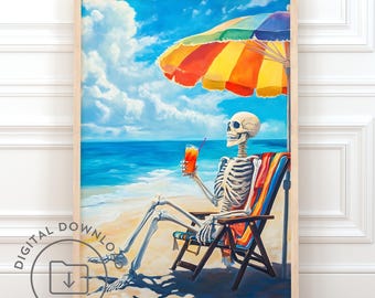 Summerween Skeleton Print PRINTABLE Summer Halloween Wall Art Skeleton Painting Poster Trendy Beach Decor Girly Coastal Art
