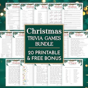 Puede incluir: Un conjunto de juegos de trivia navideños imprimibles, que incluyen cuestionarios de películas, letras que faltan y emojis. El gráfico central dice "Christmas Trivia Games Bundle, 20 Printable & Free Bonus". Ideal para las fiestas.