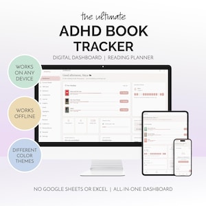 ADHD Book Tracker Digital Reading Planner Template & Journal Dashboard for iPhone Android Desktop Offline Bookish Gift