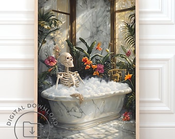 Skelett in der Badewanne druckbare Wand Kunst lustige Badezimmer Poster Tropisches Vintage-Skelett Dekor Sofortiger Download eklektisches Halloween-Poster