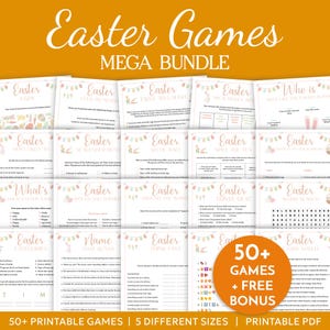 Könnte beinhalten: Eine Sammlung druckbarer Osterspiele, darunter Quiz, Schnitzeljagden und Wortsuchrätsel. Das Paket bietet eine Vielzahl von Spieltypen und -größen mit einem Bonus an zusätzlichen Spielen. Das Design umfasst Pastellfarben und Ostermotive.