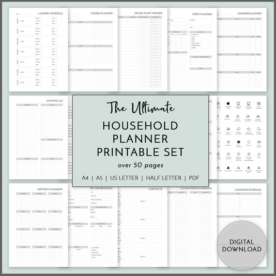 Household Planner Set PRINTABLE, Home Management Journal, Home Organizer, Family Binder, Cleaning Schedule Download, Minimalist Life Planner