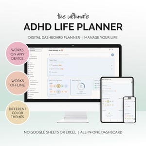 ADHD Life Planner Digital App Productivity Dashboard Habit Tracker Budget & Task Manager PWA Journal Template for iPhone Android Desktop