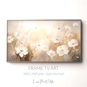 Op de afbeelding: Een digitaal schilderij van een veld met witte bloemen met een zachte, wazige achtergrond. De bloemen zijn geschilderd in een realistische stijl, met delicate bloemblaadjes en een subtiele gouden tint. Het algehele effect is kalmerend en sereen.