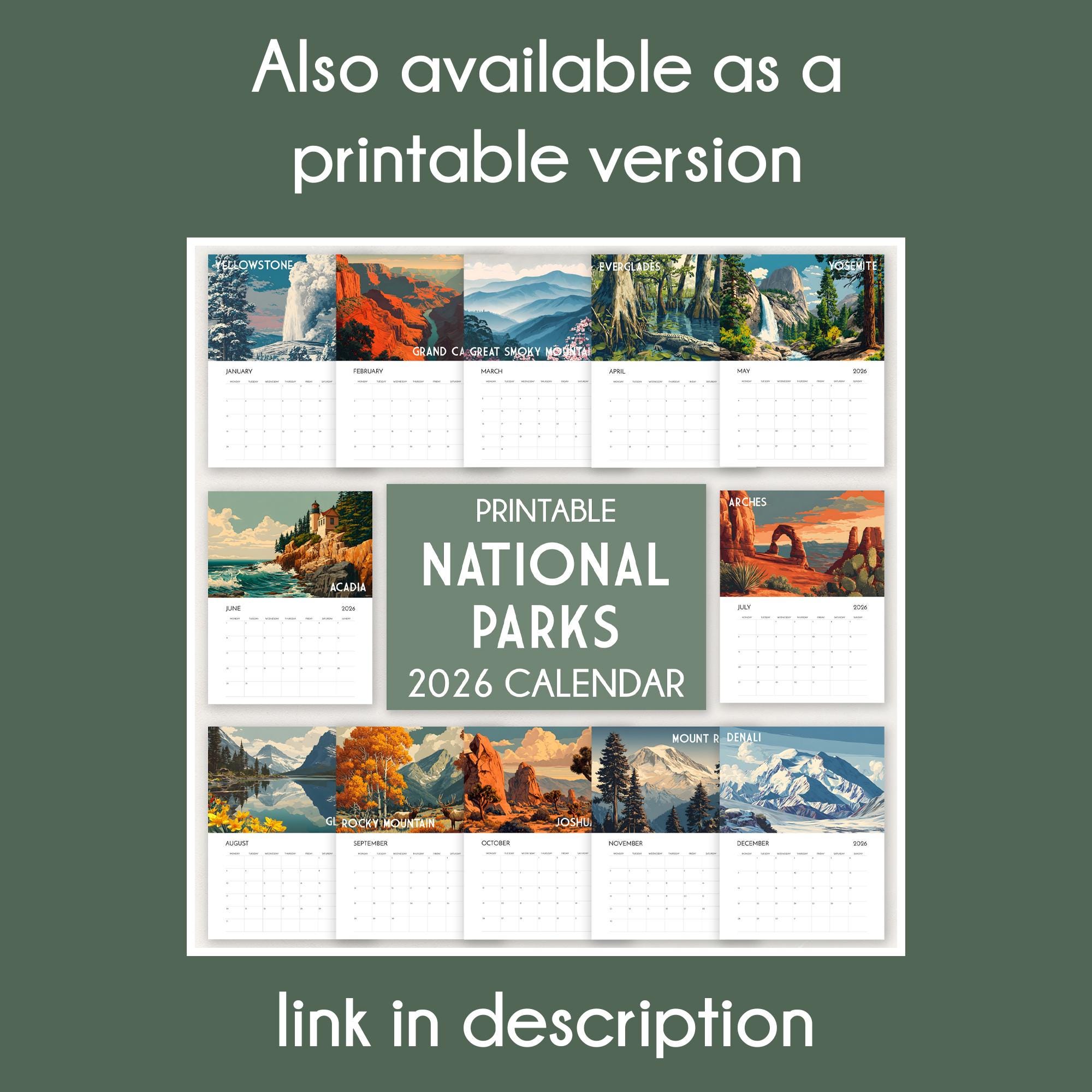 2026 National Parks Calendar Vintage Travel Poster Monthly Wall Planner