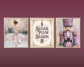 Nutcracker Wall Art Set Sugar Plum Ballerina Printable 3 Piece Christmas Decor Pink Purple Ballet Holiday Print