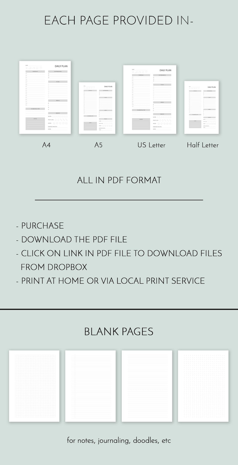 K&ouml;nnte beinhalten: Ein digitaler Download von druckbaren Tagesplaner-Seiten in vier verschiedenen Gr&ouml;&szlig;en: A4, A5, US Letter und Half Letter. Die Planerseiten sind im PDF-Format und k&ouml;nnen zu Hause oder &uuml;ber einen lokalen Druckservice gedruckt werden. Der Download enth&auml;lt auch leere Seiten f&uuml;r Notizen, Tagebuch oder Kritzeleien.