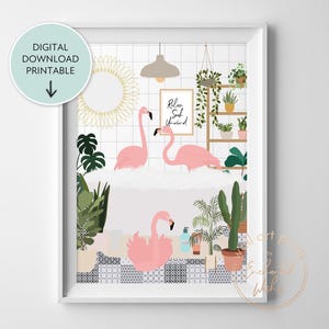 Flamingos In Bath Print Funny Bathroom Wall Art Animal In Bathtub Poster Eclectic Bathroom Decor Maximalist Botanical Bathroom Printable Art
