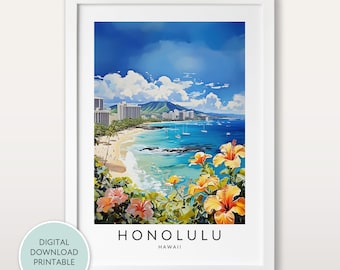 Honolulu reizen print, Hawaii poster, Hawaii print, Hawaiiaanse reisposter, Honolulu poster, Honolulu strand print, strand muur kunst decor