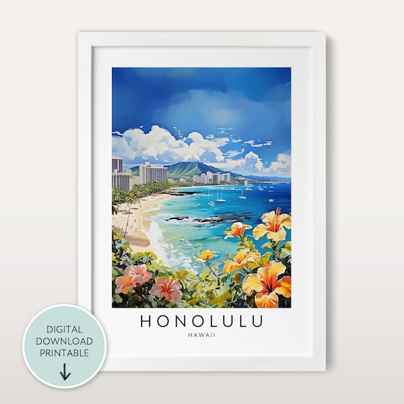 Honolulu Travel Print, Hawaii Poster, Hawaii Print, Hawaiian Travel Poster, Honolulu Poster, Honolulu Beach Print, Beach Wall Art Decor