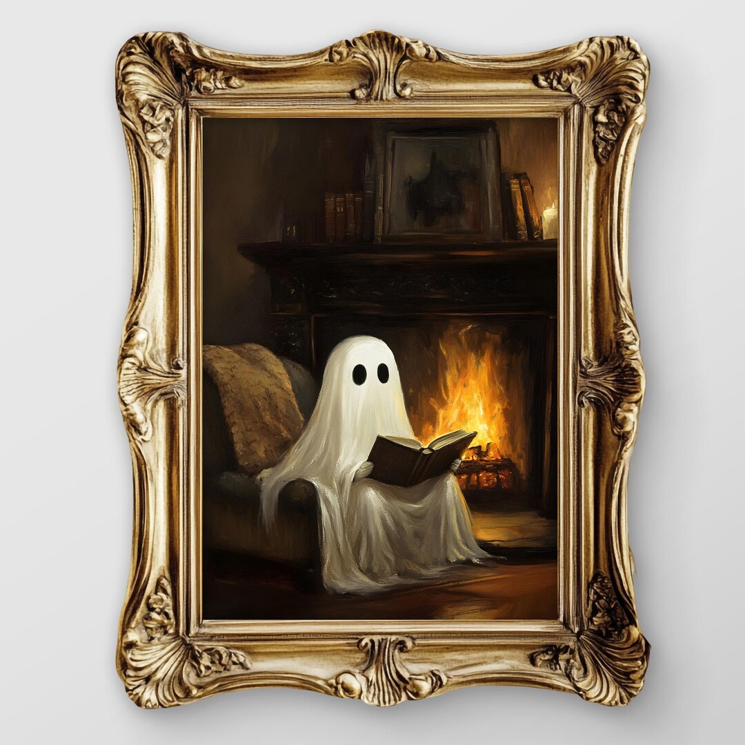 Ghost Reading Book Print PRINTABLE Vintage Halloween Oil Painting Wall ...