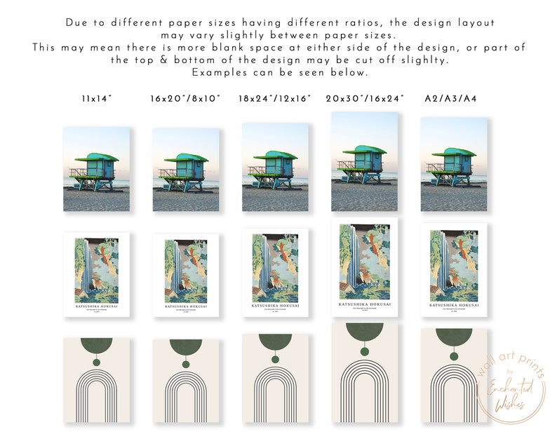 May include: A collage of different sized prints showing various designs. The prints include a lifeguard stand on a beach, a Japanese-style waterfall scene, and a minimalist abstract design with a rainbow arch and a green circle.