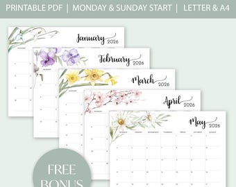 Printable 2026 Monthly Calendar Watercolor Floral Design 2026 Monthly Planner Monday & Sunday Start Landscape Wall Calendar Elegant Classic