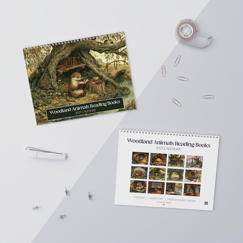 2027 wall calendar featuring cute woodland animals reading books, twelve
illustrated forest library scenes with fox, hedgehog, rabbit, squirrel, otter and
raccoon in hollow-tree bookshops and mushroom libraries, cozy cottagecore
storybook art, 12 month hanging calendar printed and shipped, book lover gift for
readers librarians and teachers, reading nook and home office decor
