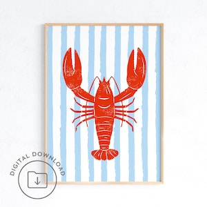 Lobster Print PRINTABLE Coastal Art Fisherman Aesthetic Poster Beachy Wall Art Trendy Apartment Decor Kitchen Wall Decor Cute Blue Stripes