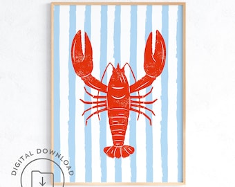 Kreeft print AFDRUKBARE kust kunst visser esthetische poster Beachy Wall Art trendy appartement decor keuken muur decor schattige blauwe strepen