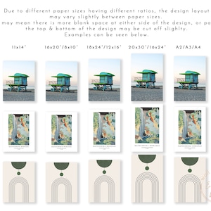 May include: A collage of different sized prints showing various designs. The prints include a lifeguard stand on a beach, a Japanese-style waterfall scene, and a minimalist abstract design with a rainbow arch and a green circle.