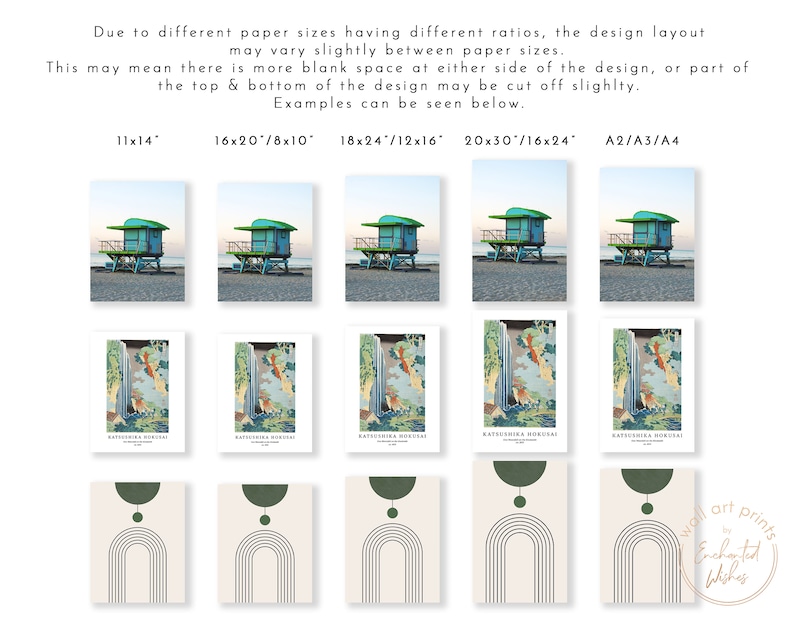May include: A collage of different sized prints showing various designs. The prints include a lifeguard stand on a beach, a Japanese-style waterfall scene, and a minimalist abstract design with a rainbow arch and a green circle.