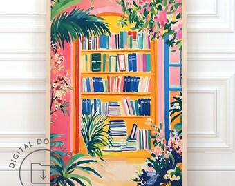 Puede incluir: Una ilustración colorida de una estantería llena de libros en una habitación con paredes rosas y plantas verdes. La estantería es amarilla y los libros son de varios colores. La habitación está llena de luz y las plantas son exuberantes y verdes.