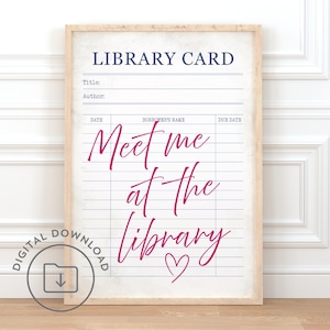 Treffen Sie mich in der Bibliothek Karte Druck Bücherwurm DRUCKBARE Wand Kunst Trendige Buch Dekor Vintage Leseecke Poster Rosa Retro Buchliebhaber Geschenk