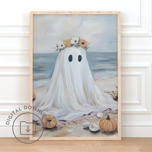 Beach Ghost Print PRINTABLE Summerween Wall Art Coastal Ghost Vintage Oil Painting Poster Trendy Halloween Poster Girly Summer Decor Art