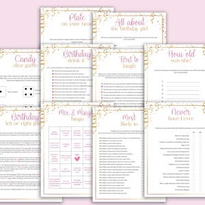 May include: A set of printable party game cards with pink and gold confetti designs. The games include "Candy Dice Game", "Birthday Drink If", "First to Laugh", "How Old Was She", "Birthday Left or Right Game", "Mix & Mingle Bingo", "Most Likely To", and "Never Have I Ever".
