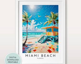 Poster di viaggio di Miami, stampa di Miami Beach, dipinto di Miami Beach, stampa di viaggio di Miami Beach, poster di viaggio della Florida, decorazione da parete sulla spiaggia, Miami
