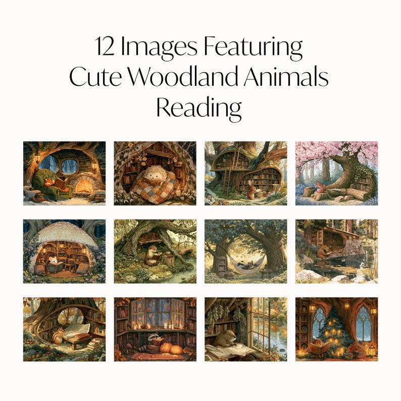 2027 wall calendar featuring cute woodland animals reading books, twelve
illustrated forest library scenes with fox, hedgehog, rabbit, squirrel, otter and
raccoon in hollow-tree bookshops and mushroom libraries, cozy cottagecore
storybook art, 12 month hanging calendar printed and shipped, book lover gift for
readers librarians and teachers, reading nook and home office decor