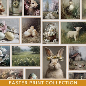 May include: A selection of framed art prints with an Easter theme. The prints depict bunnies, chicks, eggs, lambs, and landscapes. The color scheme is soft and muted, with a vintage style. The text at the bottom reads "EASTER PRINT COLLECTION."