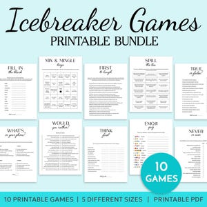 Könnte beinhalten: Ein druckbares Bundle mit 10 Eisbrecher-Spielen für Partys und Zusammenkünfte. Die Spiele beinhalten "Fülle die Lücke", "Mix & Mingle Bingo", "Der Erste, der lacht", "Verplaudere den Tee", "Würdest du lieber", "Was ist auf deinem Handy", "Denke schnell", "Emoji-Quiz", "Wahr oder falsch", und "Nie zuvor".