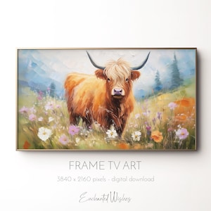 May include: A framed digital art print featuring a Highland cow in a meadow of wildflowers. The cow has long, orange fur and large horns. The artwork is in a painterly style with soft colours and a gold frame. The text "FRAME TV ART" is visible.