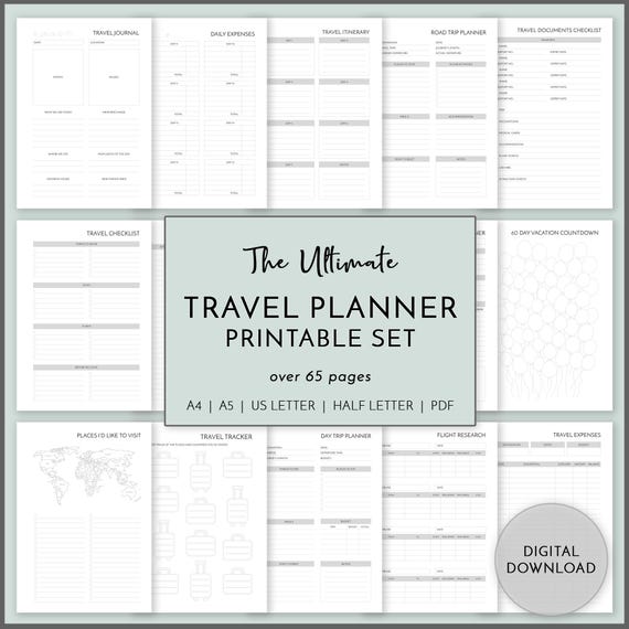 Travel Planner Set PRINTABLE, Vacation Journal, Trip Organizer, Travel Binder, Trip Itinerary Planner Download, Research Budget Worksheet