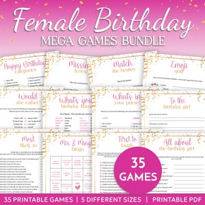 Birthday Games For Her Bundle Printable, Female Party Game Mega Bundle, 21st 30th 40th 50th 60th Birthday Games, Ladies Birthday Activities. Massive bundle of printable party games for her. Includes Mix & mingle bingo, would you rather, would she rather, who knows the birthday girl best, first to laugh, drinking game, female emoji quiz, trivia quizzes, categories, left or right game, what's your birthday name and many more! Perfect activities for a female birthday celebration