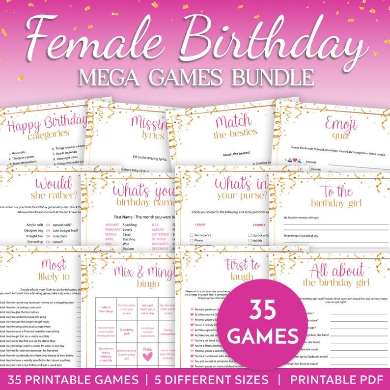 Birthday Games For Her Bundle Printable, Female Party Game Mega Bundle, 21st 30th 40th 50th 60th Birthday Games, Ladies Birthday Activities. Massive bundle of printable party games for her. Includes Mix & mingle bingo, would you rather, would she rather, who knows the birthday girl best, first to laugh, drinking game, female emoji quiz, trivia quizzes, categories, left or right game, what's your birthday name and many more! Perfect activities for a female birthday celebration