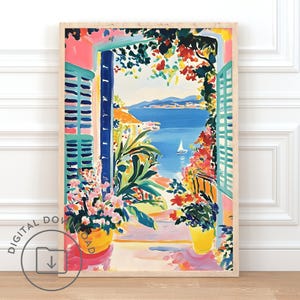 May include: A colorful painting of a window with open shutters looking out to a blue ocean with a sailboat. The scene is framed by lush green plants and vibrant flowers in pots.