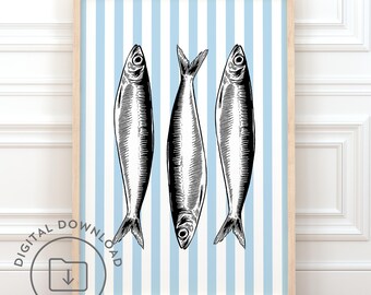 Striped Sardines Print, Coastal Kitchen Wall Art (Digital Download)