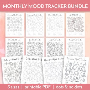 Op de afbeelding: Een printbare PDF-bundel met 12 maandelijkse stemmingstrackers. Elke tracker heeft een ander thema voor elke maand van het jaar, zoals sneeuwvlokken voor januari, harten voor februari, wolken voor maart en eieren voor april. De trackers zijn verkrijgbaar in drie maten en met of zonder stippen.