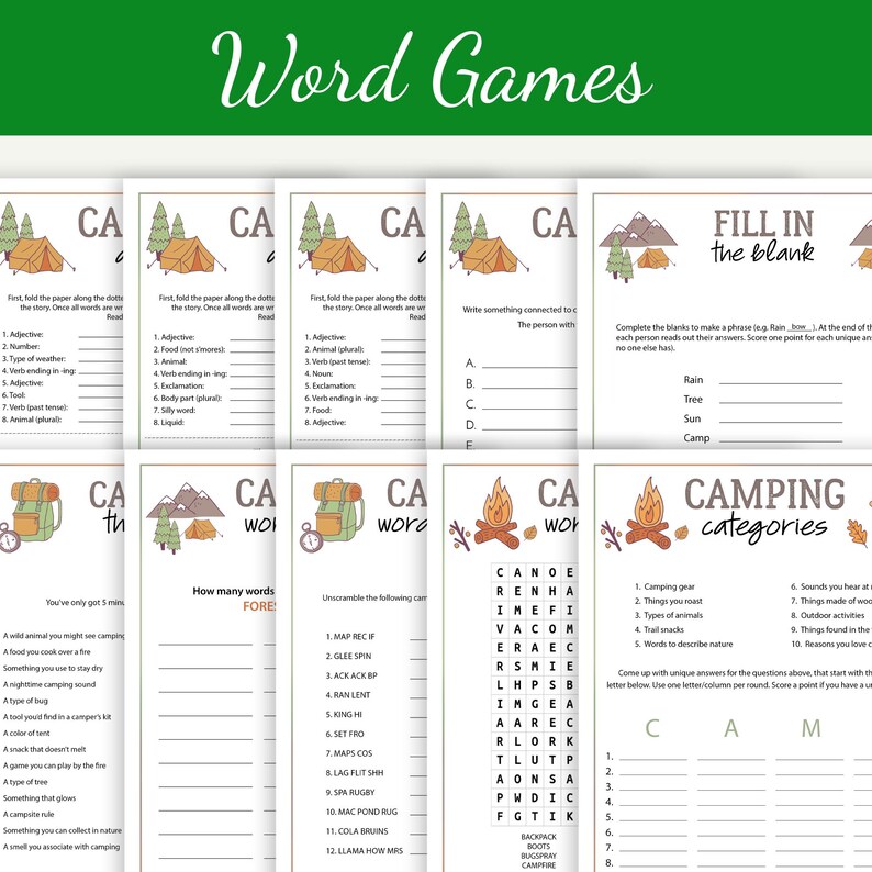 Camping Game Bundle Printable Camp Games Collection Campsite Activities ...