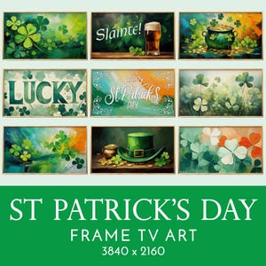 Könnte beinhalten: Ein Satz von neun gerahmten digitalen Kunstdrucken mit Kleeblättern, Kobolden und Motiven zum Thema St. Patrick's Day. Die Drucke sind in einem grün-gold-weißen Farbschema gehalten. Die Texte "Sláinte!" und "Frohe St. Patrick's Day" sind in den Drucken enthalten. Die Drucke sind 3840 x 2160 Pixel groß.