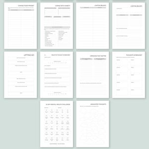 May include: A printable mental health workbook with worksheets and tips for coping with anxiety. The workbook includes sections on challenging anxious thoughts, limiting beliefs, negative thought worksheets, and more.